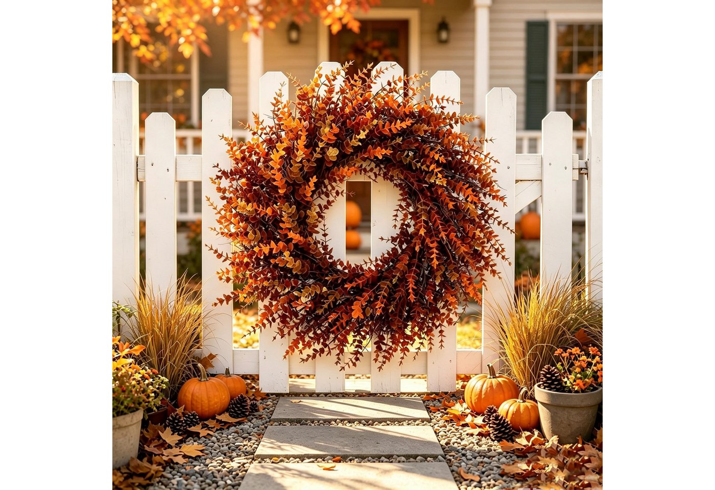 Sorvyzxn Dekokranz Großer künstlicher Eukalyptus-Herbstkranz (70 cm, Herbst-Orange), Künstlicher Herbstkranz Deko für Thanksgiving, Landhausstil