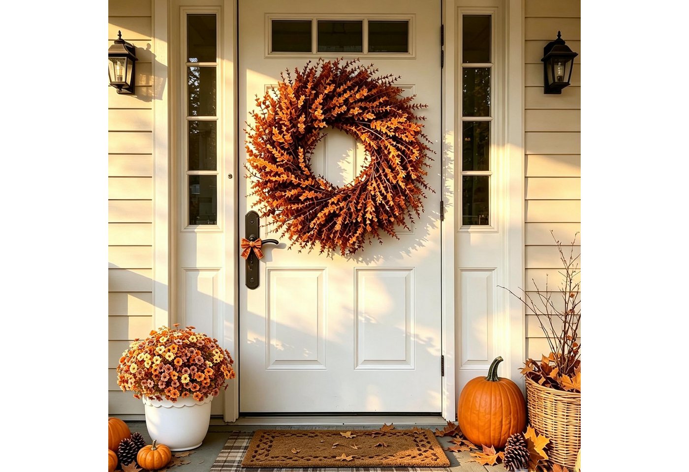 Sorvyzxn Dekokranz Großer künstlicher Eukalyptus-Herbstkranz (70 cm, Herbst-Orange), Künstlicher Herbstkranz Deko für Thanksgiving, Landhausstil Bild 2