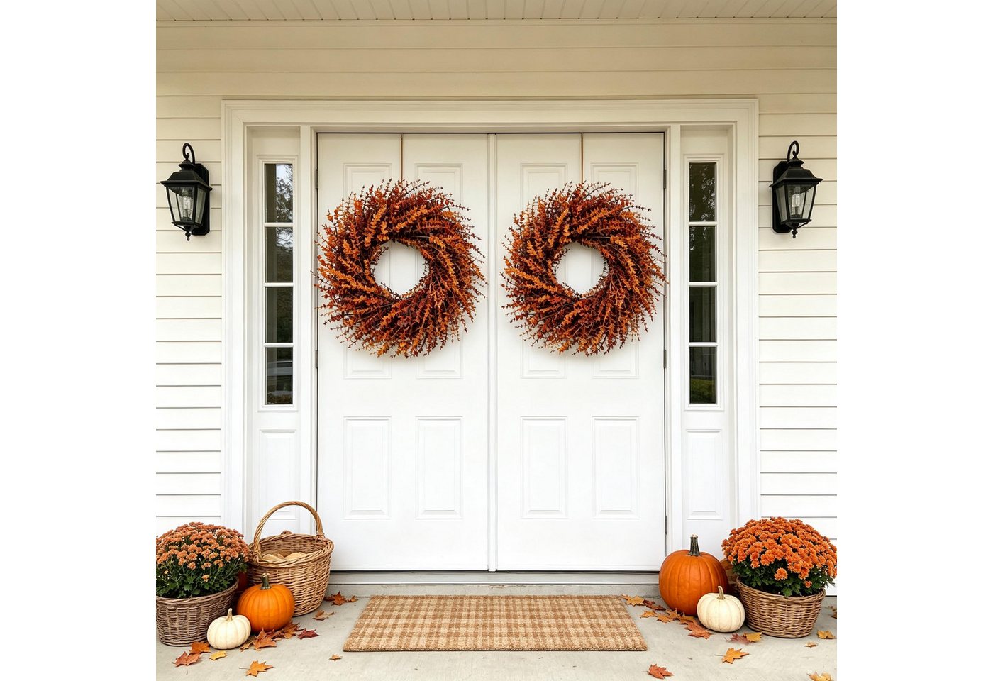 Sorvyzxn Dekokranz Großer künstlicher Eukalyptus-Herbstkranz (70 cm, Herbst-Orange), Künstlicher Herbstkranz Deko für Thanksgiving, Landhausstil Bild 4
