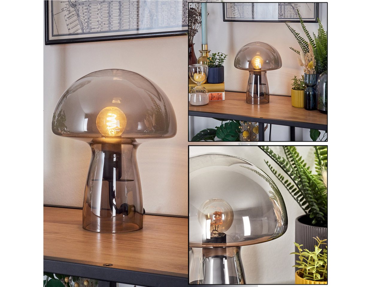 hofstein Tischleuchte Tischlampe aus Metall/Glas in Schwarz, ohne Leuchtmittel, Glasschirm u. An/-Auschalter am Kabel, 1 x E14, ohne Leuchtmittel