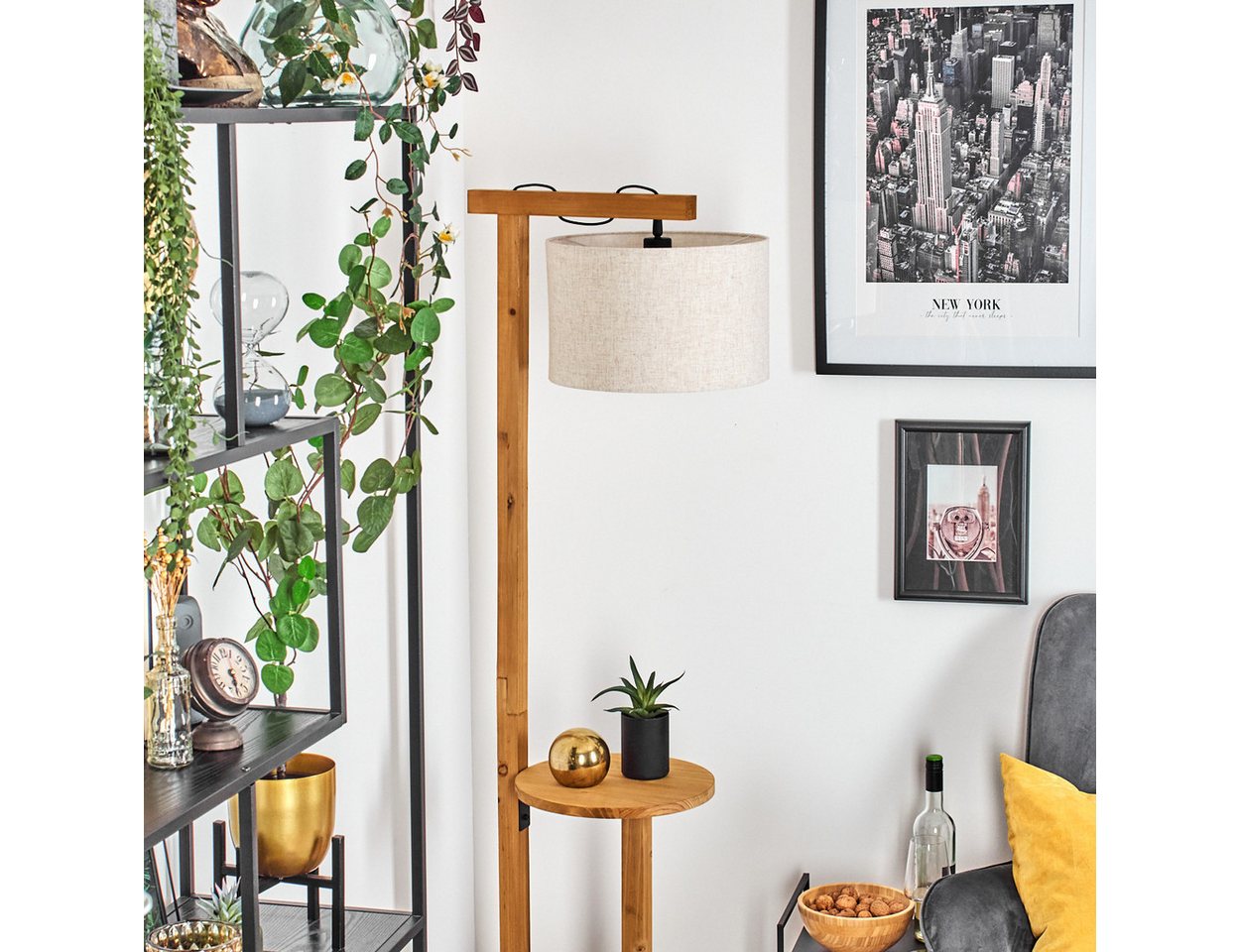 hofstein Stehlampe Stehlampe aus Holz/Metall/Stoff in Natur/Schwarz/Beige/Weiß, ohne Leuchtmittel, skandinavische Leuchte, Ø 35 cm, Ablagefläche u. Fußschalter, 1 x E27
