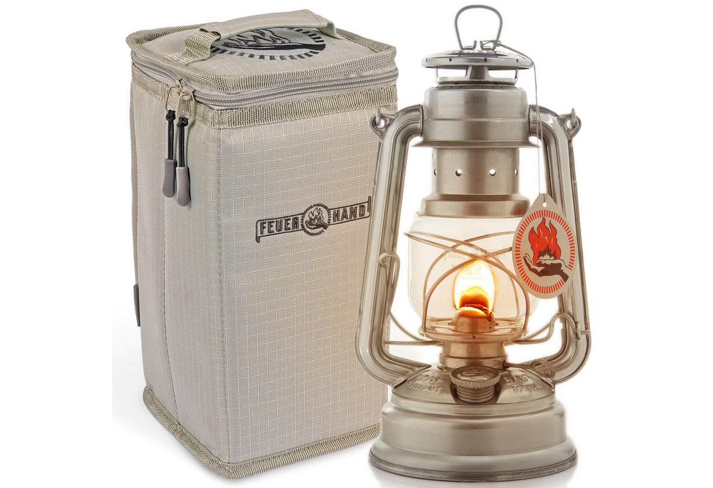 Feuerhand Outdoorkerze Feuerhand Sturmlaterne Baby Special 276 mit Tasche (Spar-Set, 2-tlg., Lampe+Tasche silber), galvanisch verzinktes Stahlblech