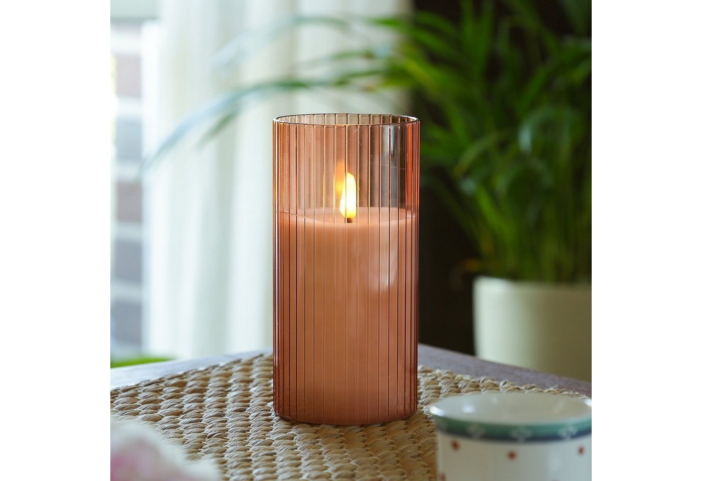 MARELIDA LED-Kerze LED Kerze im Glas Windlicht Echtwachs Timer H: 15cm D: 7,5cm rosa, LED Classic, warmweiß (2100K bis 3000K) Bild 4
