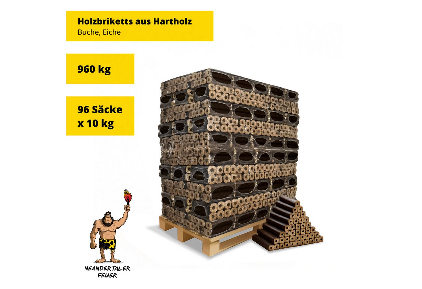 Neandertaler Feuer Holzbriketts Hartholzbriketts PiniKay 960 kg Kaminbriketts Holzbriketts Palette, 960 kg, 100% Naturholz Eiche, Buche