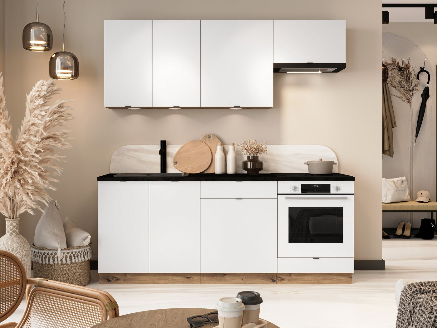 Möbel für Dich Küchenzeile Moderne Einbauküche GIANNA 200 cm, weiß, 6-teilig
