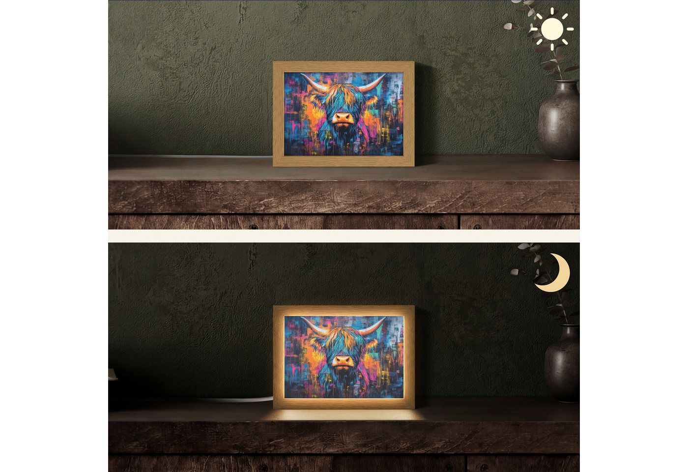 OnlyWow Tischleuchte Lightbox Schottischer Highlander - Abstrakt - Farbenfroh, Dimmbar, Farbwechsel, LED, Warmweiß, Kaltweiß, Neutralweiß Einstellbar, Tischlampe, Schreibtischlampe, Desk, Dimmbar, mit Kabel, LED