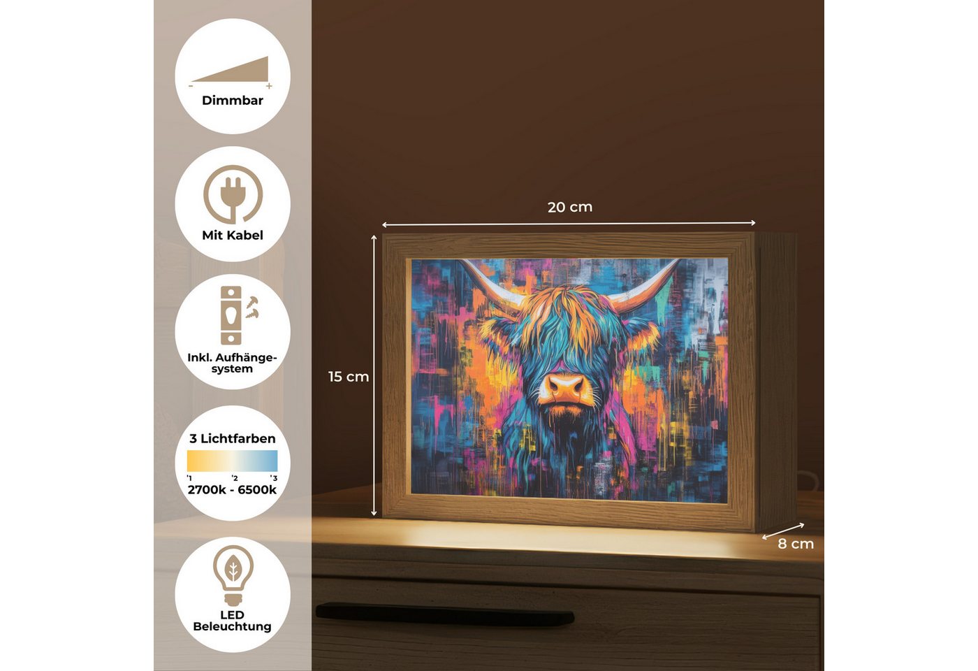 OnlyWow Tischleuchte Lightbox Schottischer Highlander - Abstrakt - Farbenfroh, Dimmbar, Farbwechsel, LED, Warmweiß, Kaltweiß, Neutralweiß Einstellbar, Tischlampe, Schreibtischlampe, Desk, Dimmbar, mit Kabel, LED Bild 2