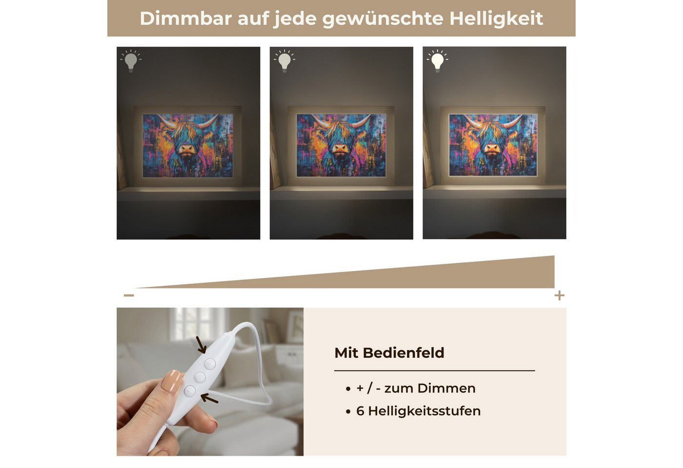 OnlyWow Tischleuchte Lightbox Schottischer Highlander - Abstrakt - Farbenfroh, Dimmbar, Farbwechsel, LED, Warmweiß, Kaltweiß, Neutralweiß Einstellbar, Tischlampe, Schreibtischlampe, Desk, Dimmbar, mit Kabel, LED Bild 3