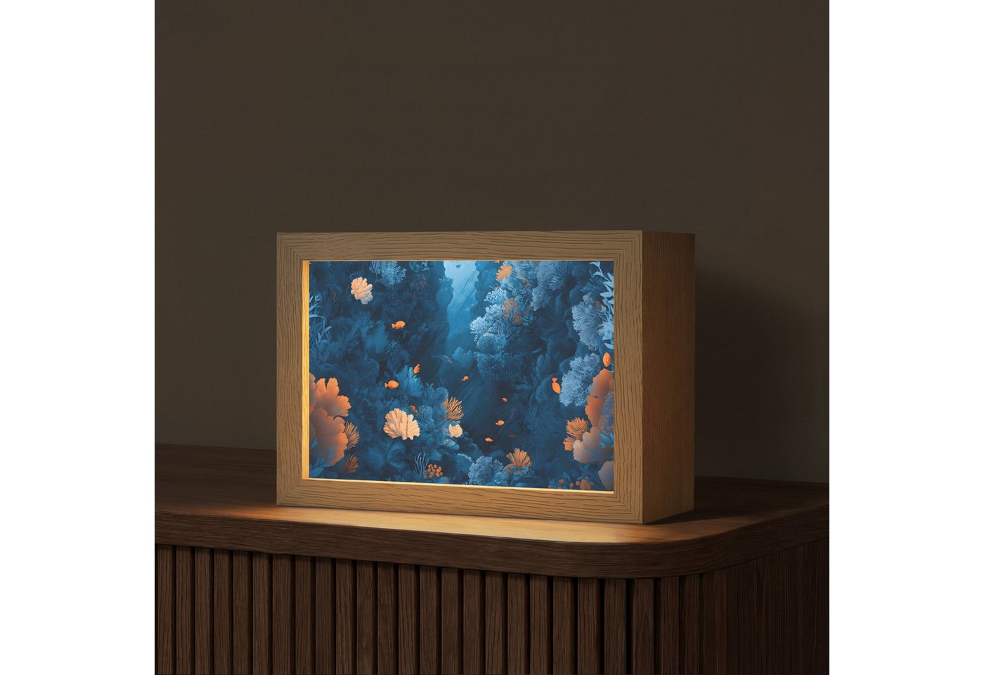 OnlyWow Tischleuchte Lightbox Korallenriff - Fische - Ozean - Blau, Dimmbar, Farbwechsel, LED, Warmweiß, Kaltweiß, Neutralweiß Einstellbar, Tischlampe, Schreibtischlampe, Desk, Dimmbar, mit Kabel, LED