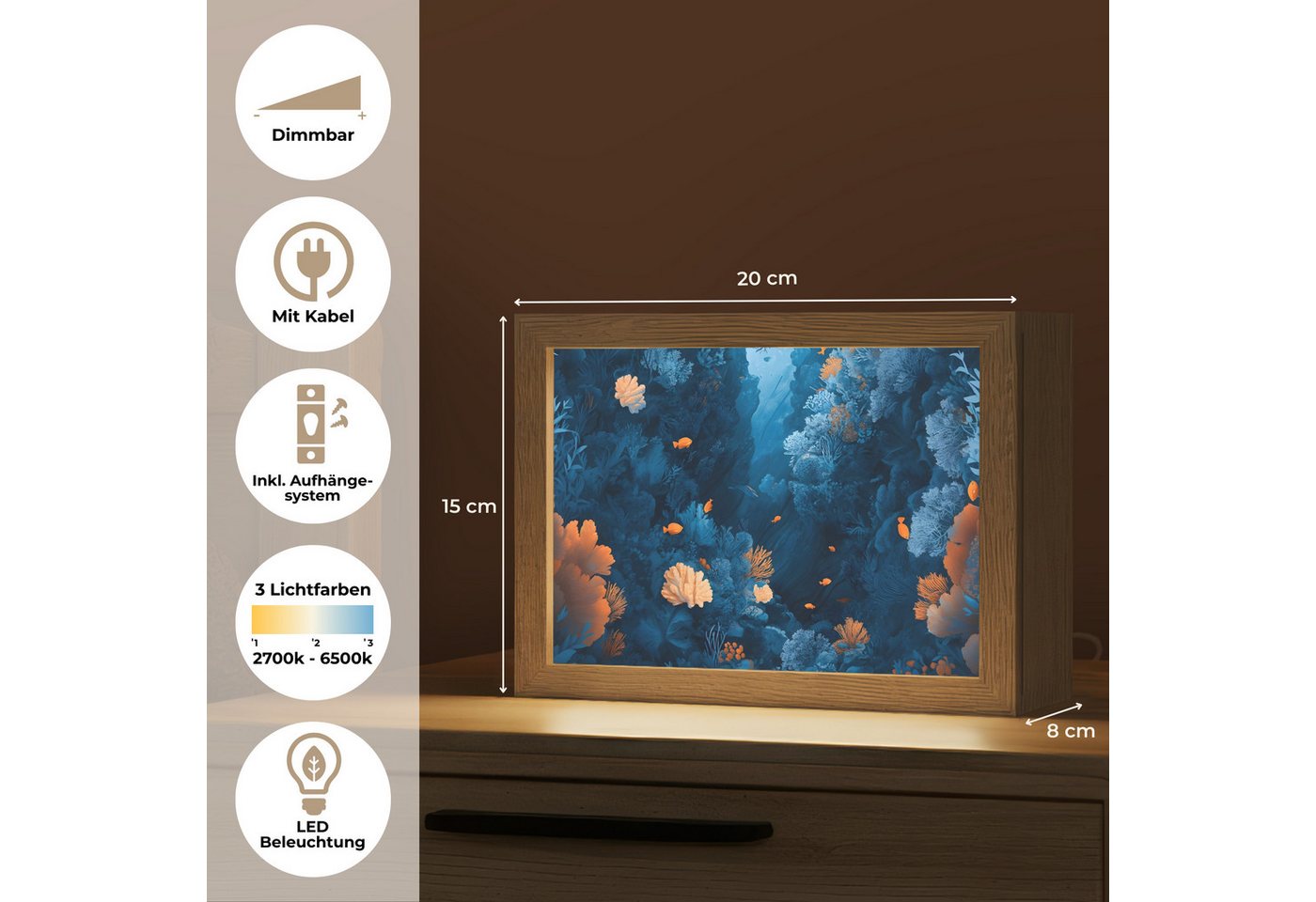 OnlyWow Tischleuchte Lightbox Korallenriff - Fische - Ozean - Blau, Dimmbar, Farbwechsel, LED, Warmweiß, Kaltweiß, Neutralweiß Einstellbar, Tischlampe, Schreibtischlampe, Desk, Dimmbar, mit Kabel, LED Bild 4