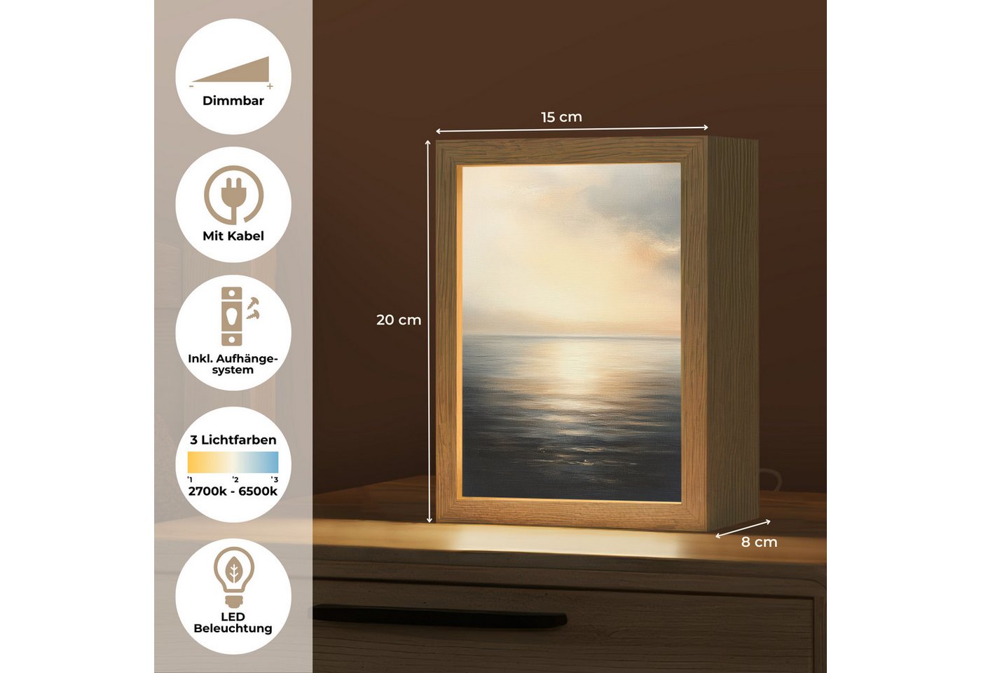 OnlyWow Tischleuchte Lightbox Sonne - Horizont - Meer, Dimmbar, Farbwechsel, LED, Warmweiß, Kaltweiß, Neutralweiß Einstellbar, Tischlampe, Schreibtischlampe, Desk, Dimmbar, mit Kabel, LED Bild 3