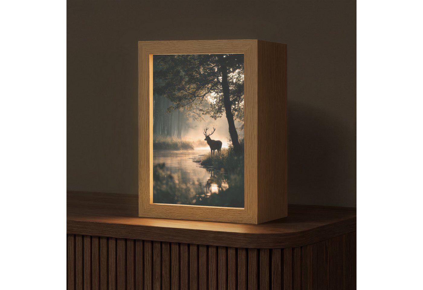 OnlyWow Tischleuchte Lightbox Hirsche - Waldbach - Mystisch, Dimmbar, Farbwechsel, LED, Warmweiß, Kaltweiß, Neutralweiß Einstellbar, Tischlampe, Schreibtischlampe, Desk, Dimmbar, mit Kabel, LED