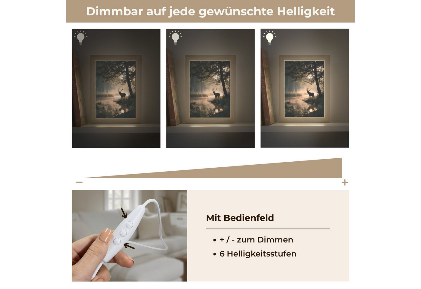 OnlyWow Tischleuchte Lightbox Hirsche - Waldbach - Mystisch, Dimmbar, Farbwechsel, LED, Warmweiß, Kaltweiß, Neutralweiß Einstellbar, Tischlampe, Schreibtischlampe, Desk, Dimmbar, mit Kabel, LED Bild 2