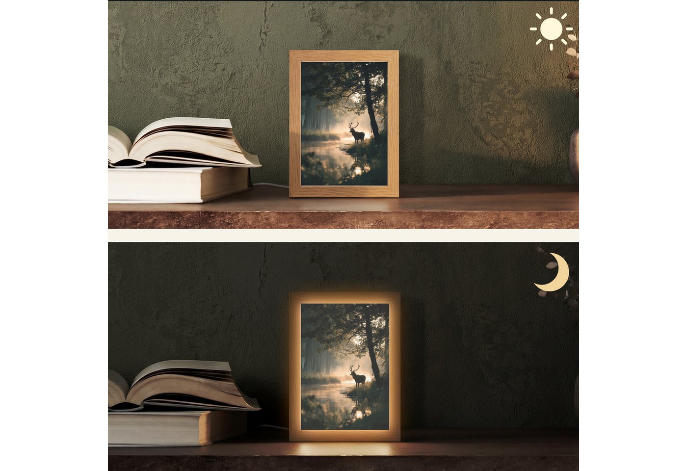 OnlyWow Tischleuchte Lightbox Hirsche - Waldbach - Mystisch, Dimmbar, Farbwechsel, LED, Warmweiß, Kaltweiß, Neutralweiß Einstellbar, Tischlampe, Schreibtischlampe, Desk, Dimmbar, mit Kabel, LED Bild 3