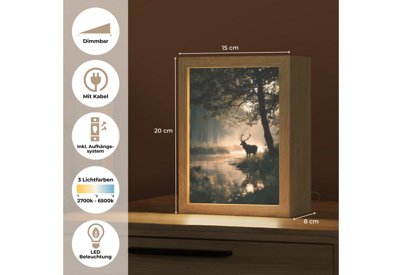 OnlyWow Tischleuchte Lightbox Hirsche - Waldbach - Mystisch, Dimmbar, Farbwechsel, LED, Warmweiß, Kaltweiß, Neutralweiß Einstellbar, Tischlampe, Schreibtischlampe, Desk, Dimmbar, mit Kabel, LED Bild 4