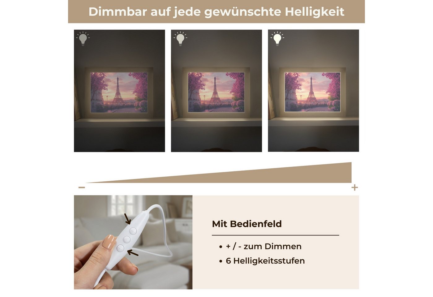 OnlyWow Tischleuchte Lightbox Eiffelturm - Paris - Rosa, Dimmbar, Farbwechsel, LED, Warmweiß, Kaltweiß, Neutralweiß Einstellbar, Tischlampe, Schreibtischlampe, Desk, Dimmbar, mit Kabel, LED