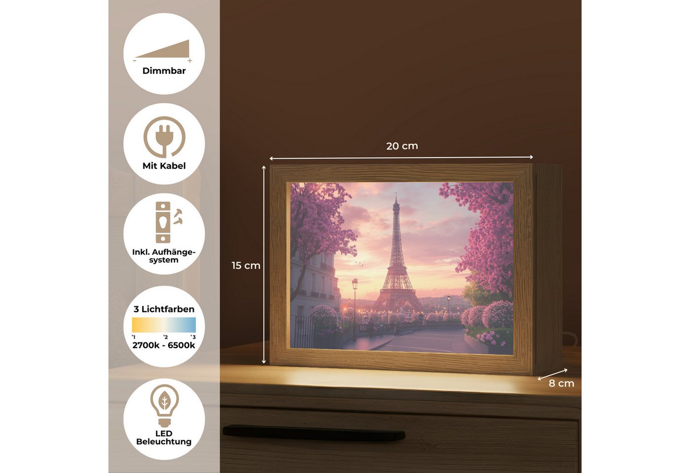 OnlyWow Tischleuchte Lightbox Eiffelturm - Paris - Rosa, Dimmbar, Farbwechsel, LED, Warmweiß, Kaltweiß, Neutralweiß Einstellbar, Tischlampe, Schreibtischlampe, Desk, Dimmbar, mit Kabel, LED Bild 4