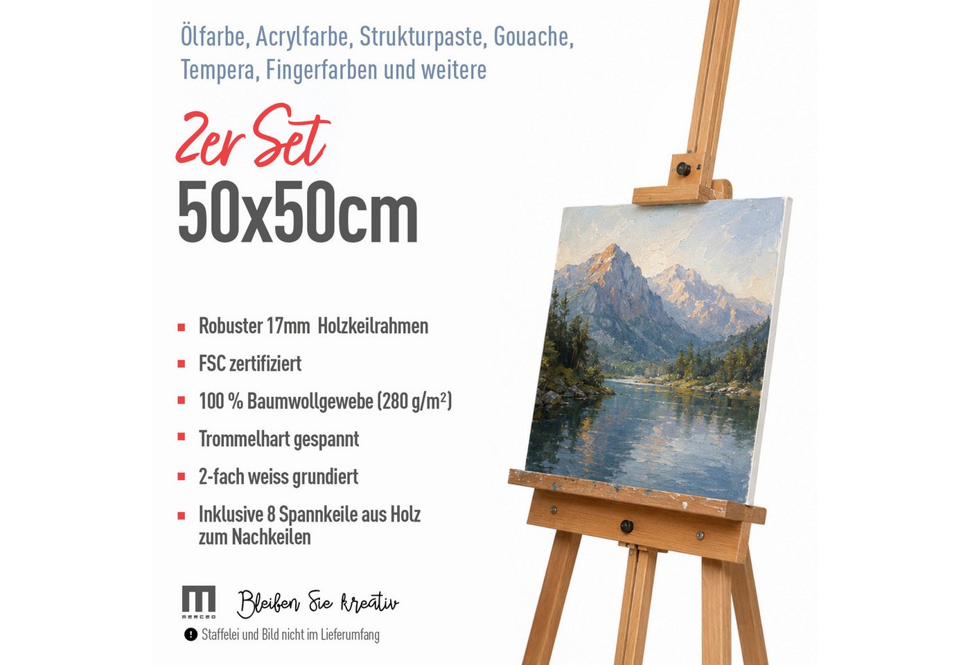 M MERCEO Leinwand 50x50cm, zum Bemalen, Baumwolle, Keilrahmen, 280g/m, 2-fach weiß vorgrundiert