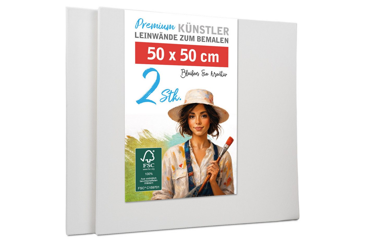 M MERCEO Leinwand 50x50cm, zum Bemalen, Baumwolle, Keilrahmen, 280g/m, 2-fach weiß vorgrundiert Bild 2