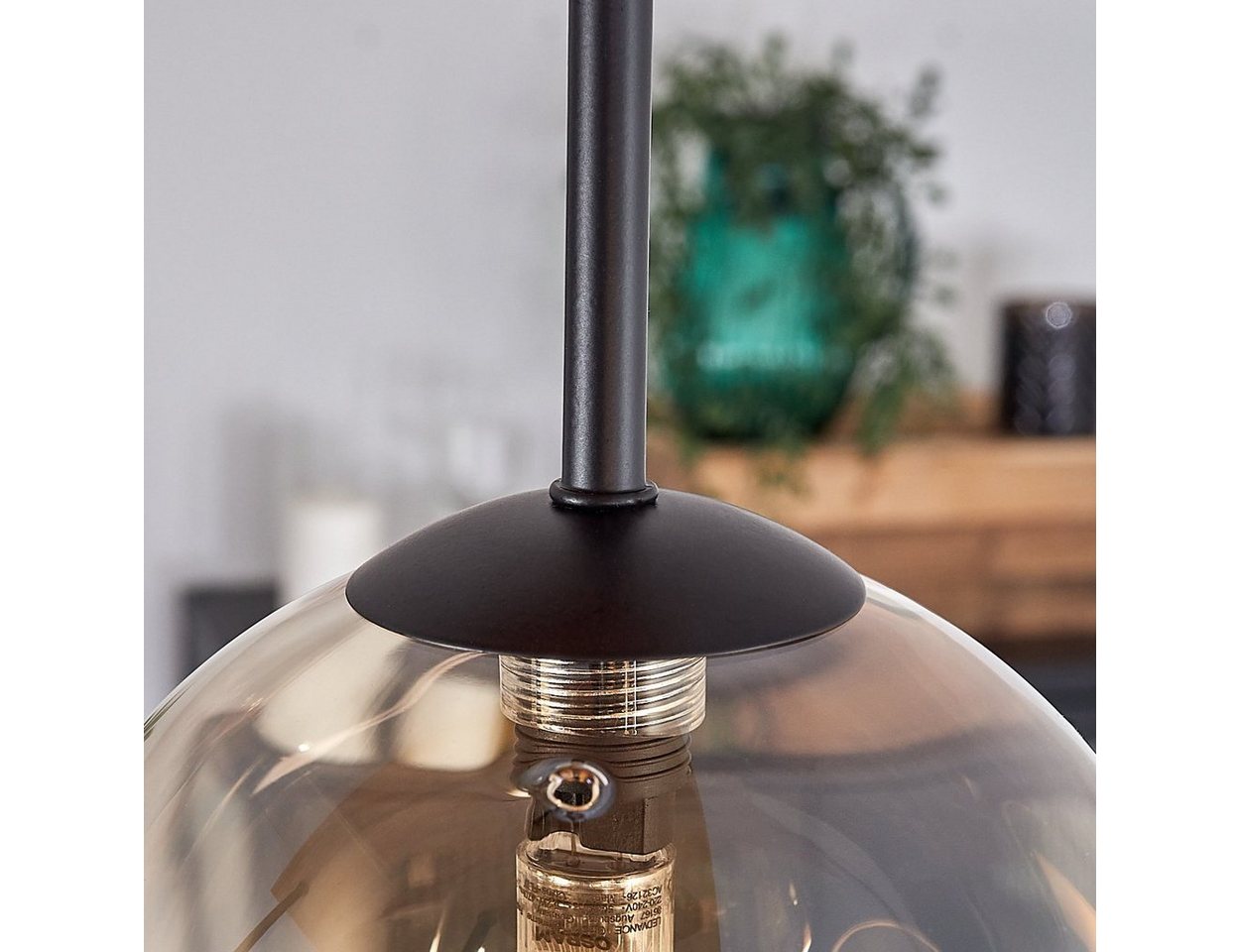 hofstein Deckenleuchte Deckenlampe aus Metall/Holz/Glas in Schwarz/Natur/Bernsteinfarben, ohne Leuchtmittel, Leuchte mit Schirmen aus Glas (15 cm), 5 x G9, ohne Leuchtmittel