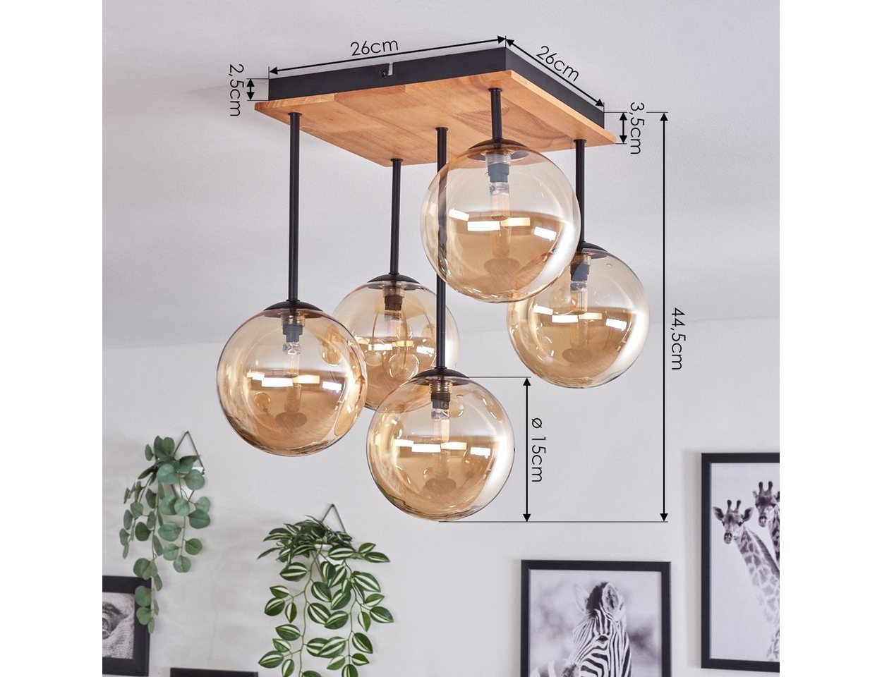hofstein Deckenleuchte Deckenlampe aus Metall/Holz/Glas in Schwarz/Natur/Bernsteinfarben, ohne Leuchtmittel, Leuchte mit Schirmen aus Glas (15 cm), 5 x G9, ohne Leuchtmittel Bild 2