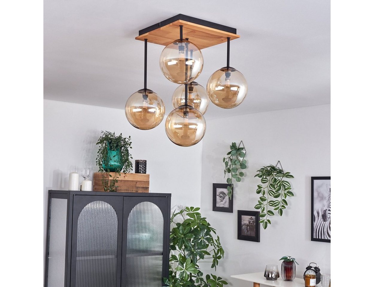 hofstein Deckenleuchte Deckenlampe aus Metall/Holz/Glas in Schwarz/Natur/Bernsteinfarben, ohne Leuchtmittel, Leuchte mit Schirmen aus Glas (15 cm), 5 x G9, ohne Leuchtmittel Bild 3