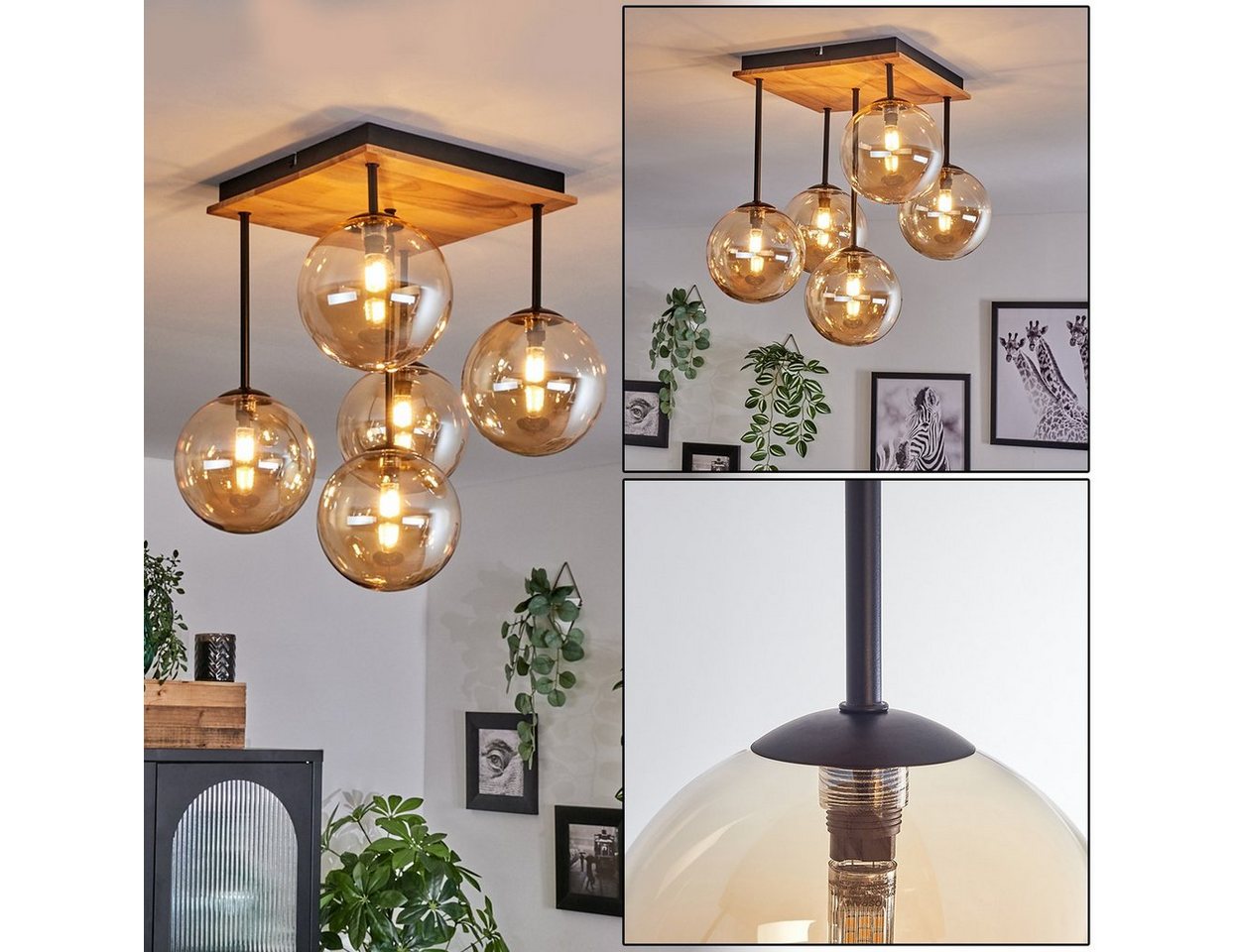hofstein Deckenleuchte Deckenlampe aus Metall/Holz/Glas in Schwarz/Natur/Bernsteinfarben, ohne Leuchtmittel, Leuchte mit Schirmen aus Glas (15 cm), 5 x G9, ohne Leuchtmittel Bild 4