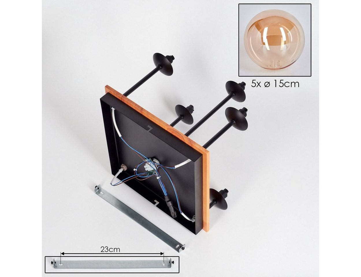 hofstein Deckenleuchte Deckenlampe aus Metall/Holz/Glas in Schwarz/Natur/Bernsteinfarben, ohne Leuchtmittel, Leuchte mit Schirmen aus Glas (15 cm), 5 x G9, ohne Leuchtmittel Bild 5
