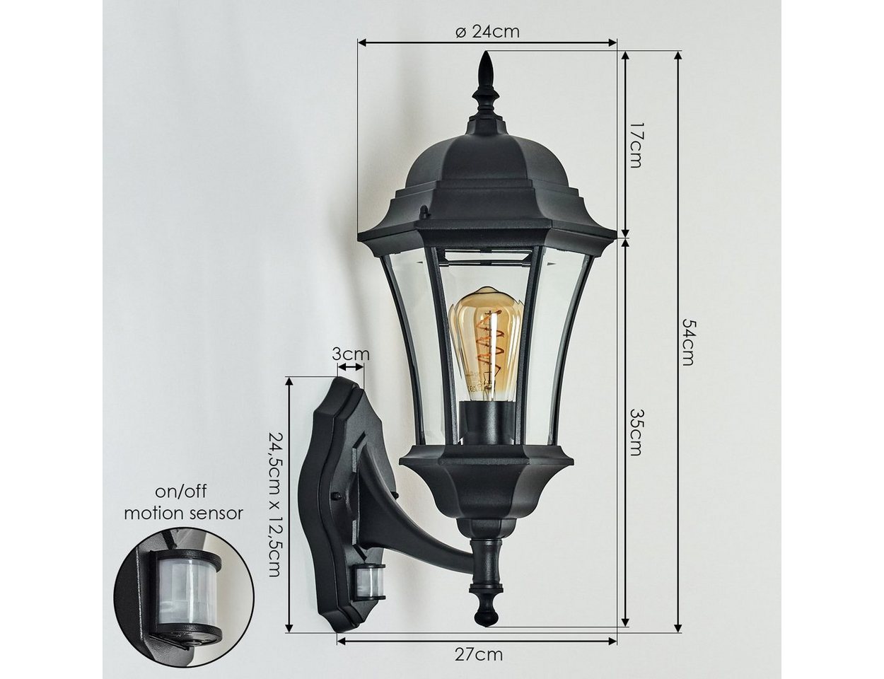 hofstein Außen-Wandleuchte vintage Wandlampe mit Bewegungsmelder aus Metall/Glas in Schwarz/Klar, ohne Leuchtmittel, Wandleuchte 1 xE27, Hof, Landhaus Außenleuchte,IP44, ohne Leuchtmittel Bild 2