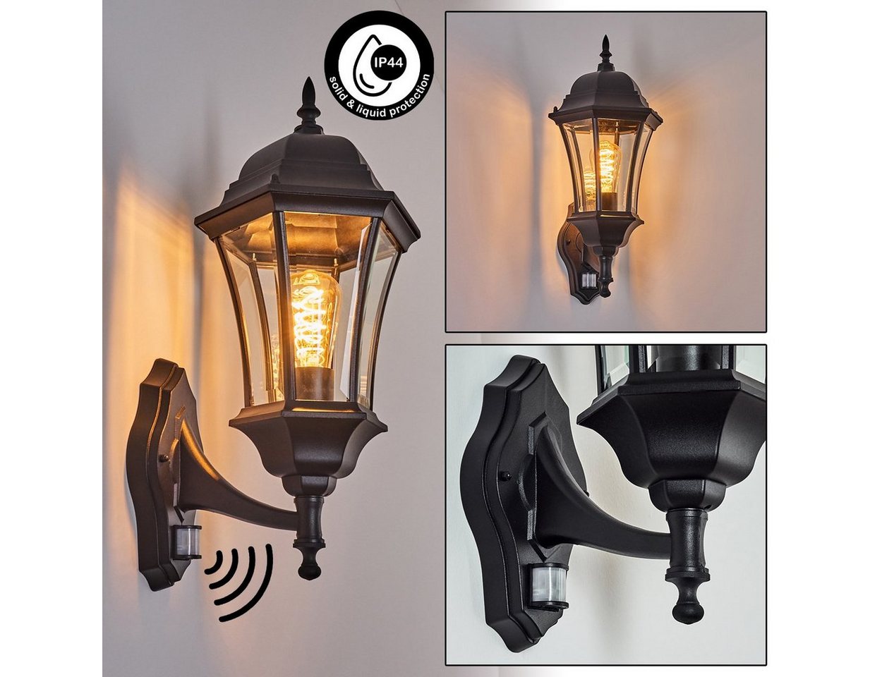 hofstein Außen-Wandleuchte vintage Wandlampe mit Bewegungsmelder aus Metall/Glas in Schwarz/Klar, ohne Leuchtmittel, Wandleuchte 1 xE27, Hof, Landhaus Außenleuchte,IP44, ohne Leuchtmittel Bild 4