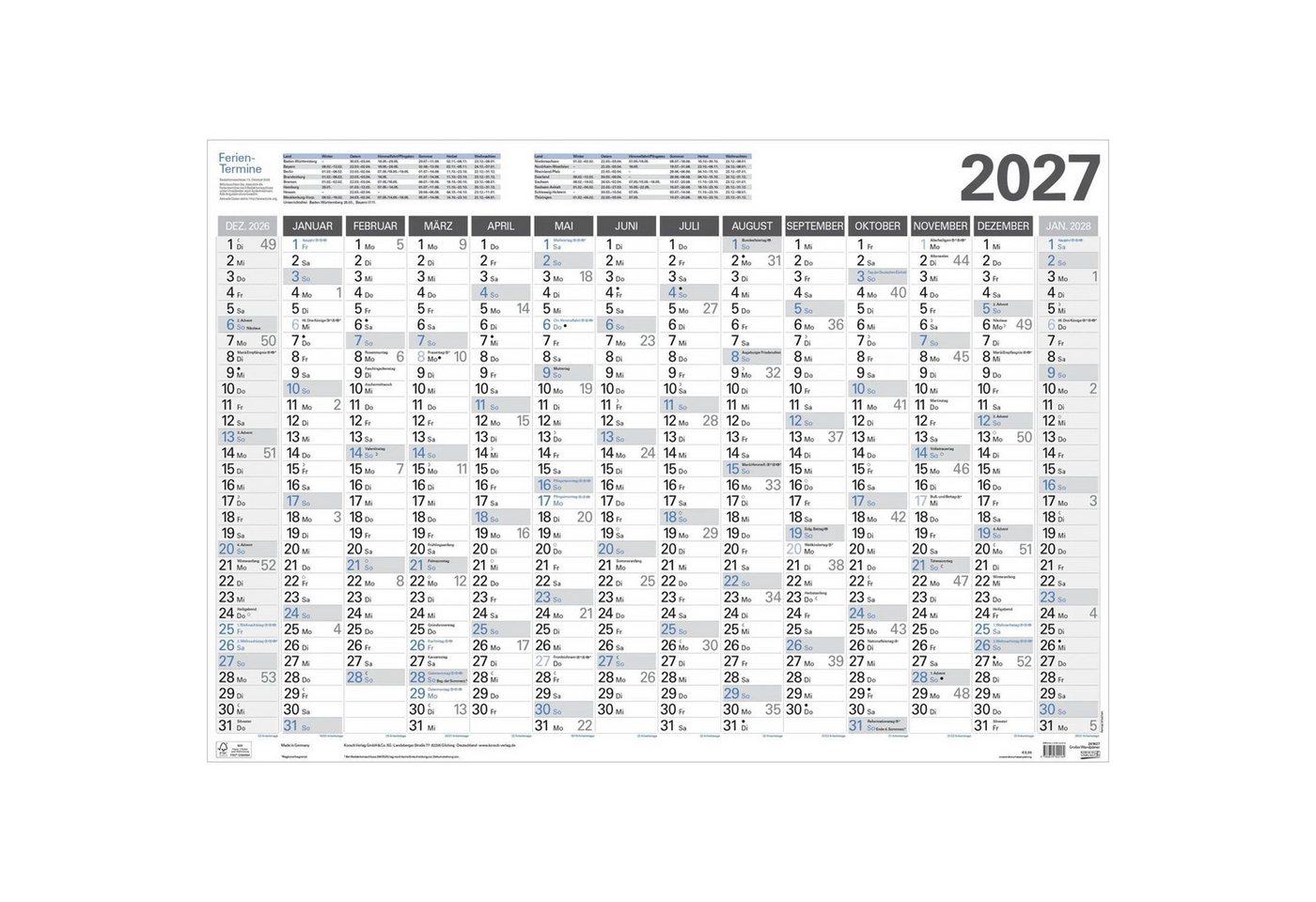 Korsch Verlag Wandkalender Großer Wandtimer 2027