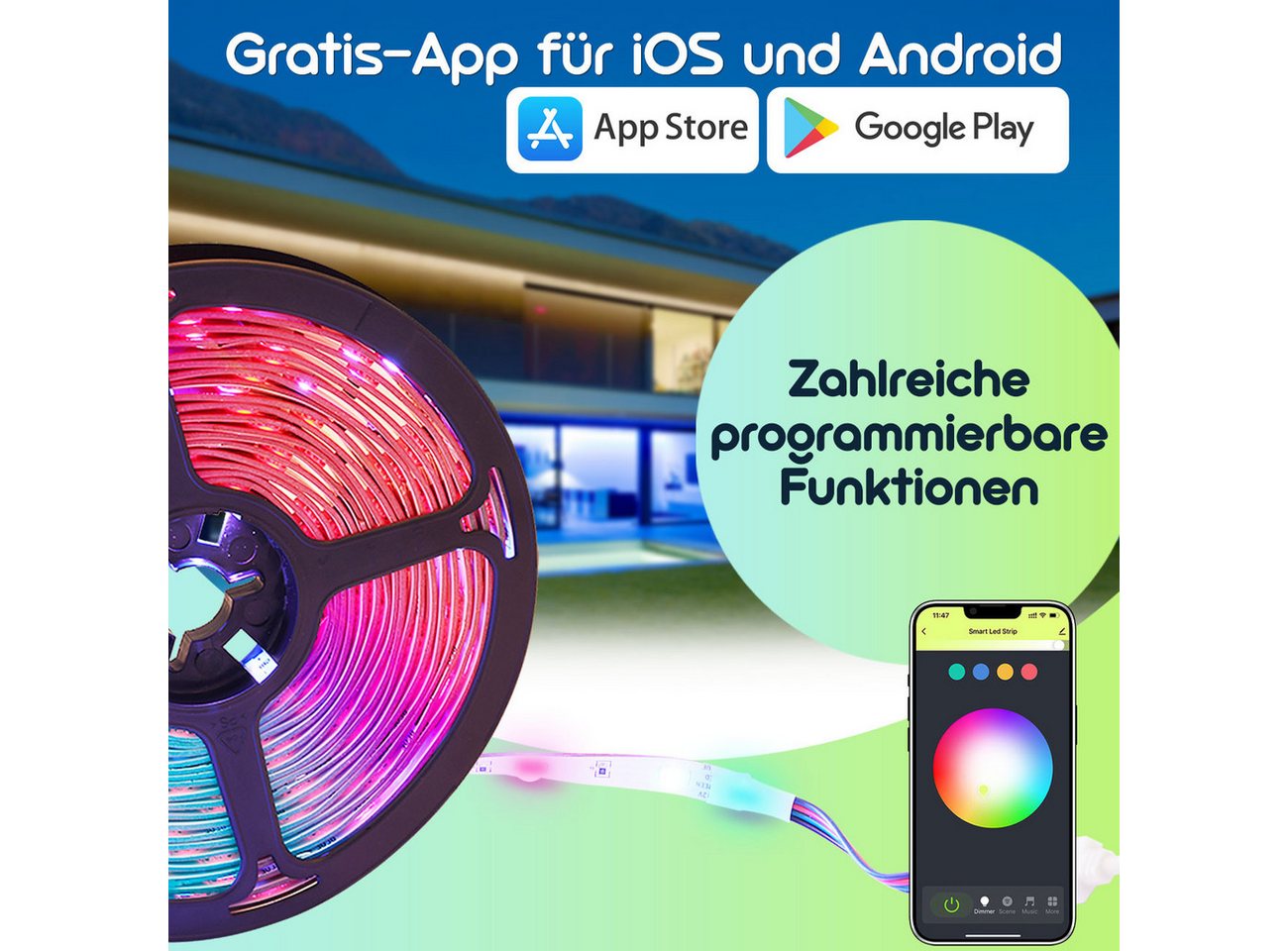 Casativo LED Stripe 10m WLAN RGB LED Streifen - Smart App & Sprachsteuerung Alexa, Controller mit integriertem Mikrofon, individuell kürzbar, 300 LEDs