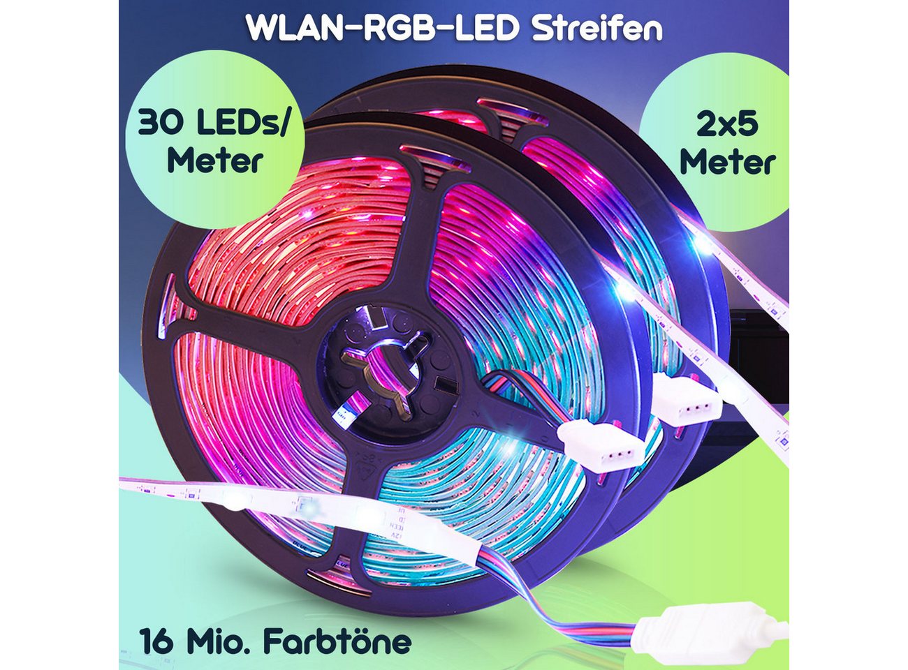 Casativo LED Stripe 10m WLAN RGB LED Streifen - Smart App & Sprachsteuerung Alexa, Controller mit integriertem Mikrofon, individuell kürzbar, 300 LEDs Bild 2