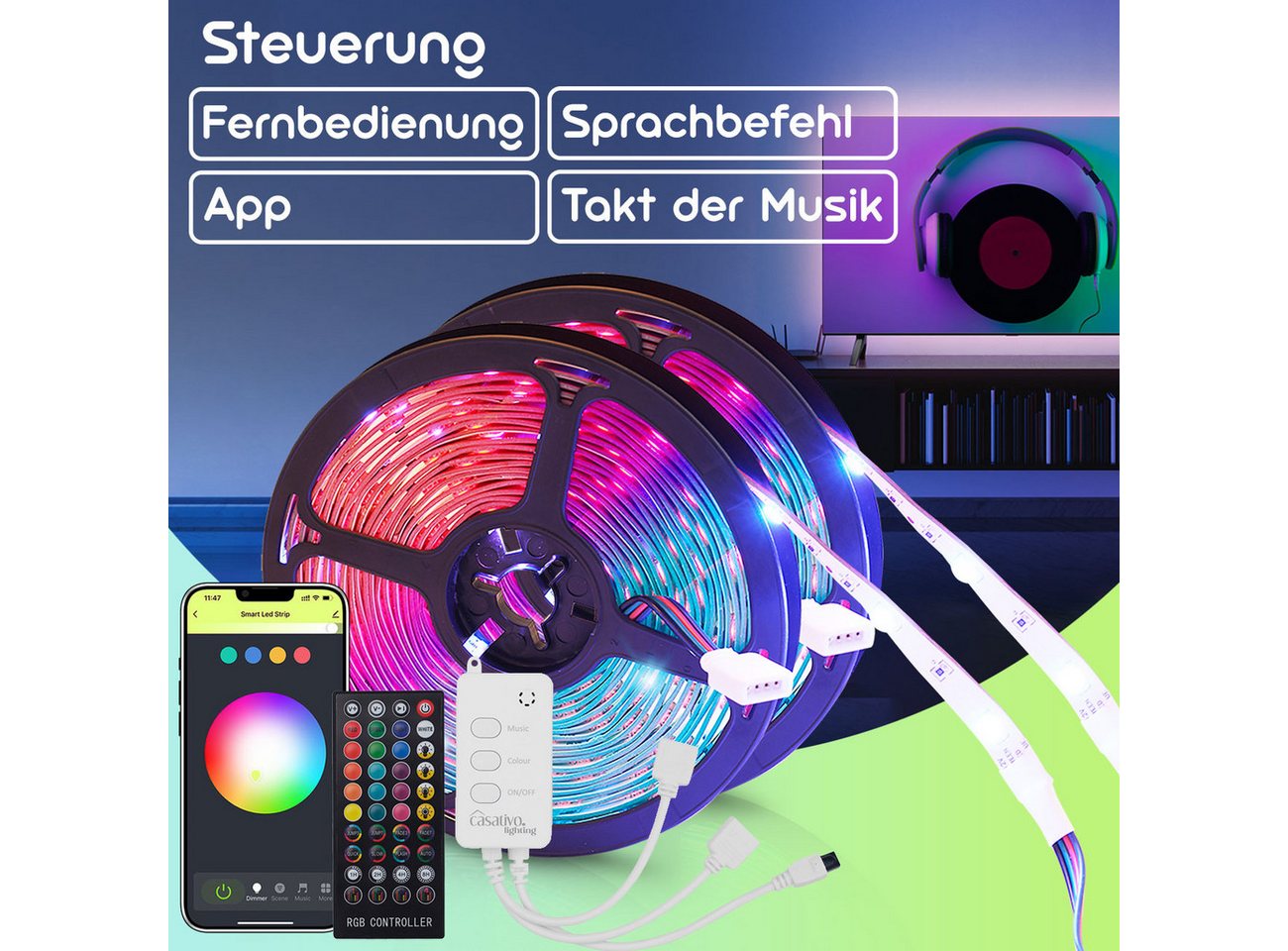 Casativo LED Stripe 10m WLAN RGB LED Streifen - Smart App & Sprachsteuerung Alexa, Controller mit integriertem Mikrofon, individuell kürzbar, 300 LEDs Bild 4