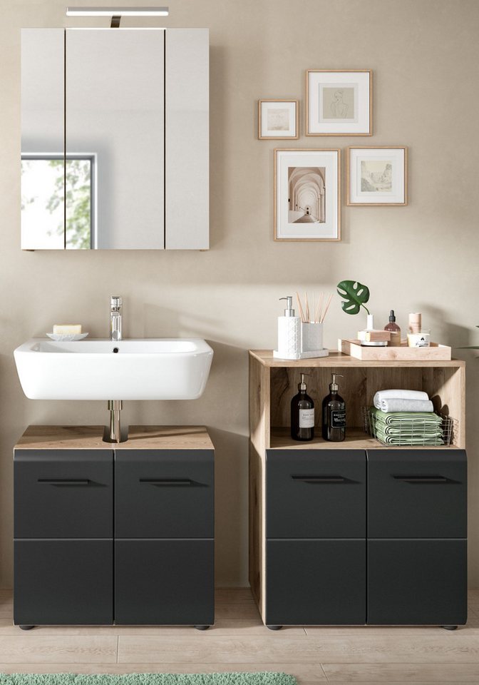 Inn.Furn Badmöbel-Set Cover, (Badezimmer in Schwarz matt und Eiche, 3-teilig, 130 x 185 cm), mit viel Stauraum