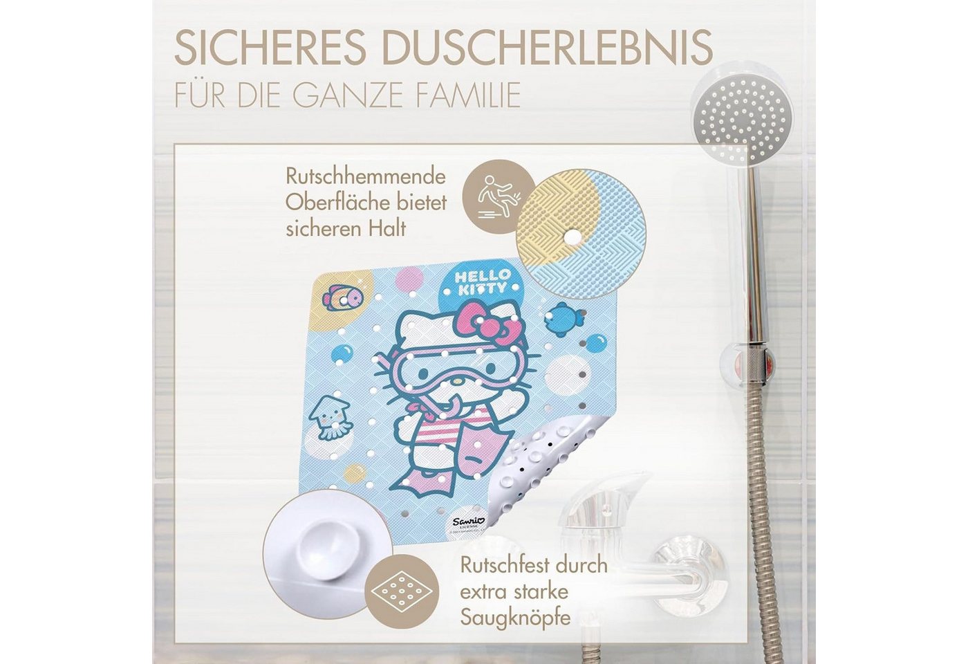 KTN Dr. Neuberger GmbH Badematte Hello Kitty Anti-Rutsch-Matte für die Badewanne/Dusche, schimmelresistent, antibakteriell, rutschfest, PVC Bild 3