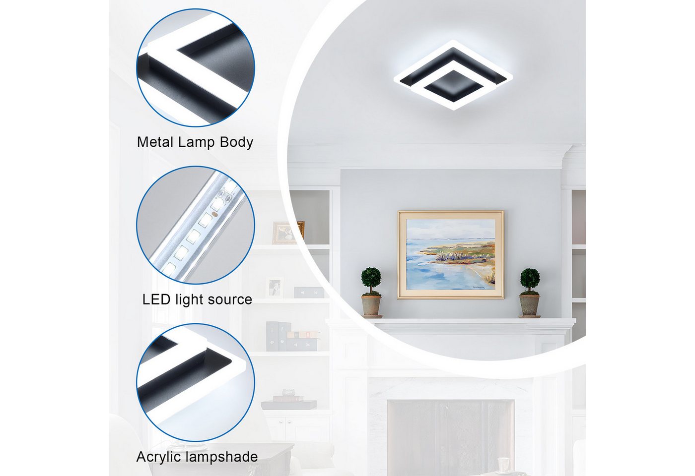 Riserva Deckenleuchten LED Deckenleuchte 24W, schwarz, 20cm, 6500K, Acryl, quadratisch Bild 2