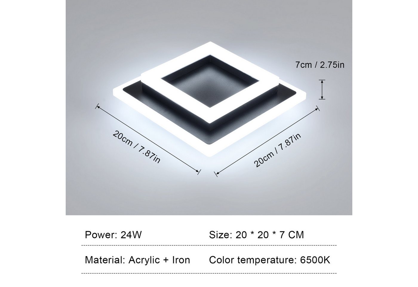 Riserva Deckenleuchten LED Deckenleuchte 24W, schwarz, 20cm, 6500K, Acryl, quadratisch Bild 3