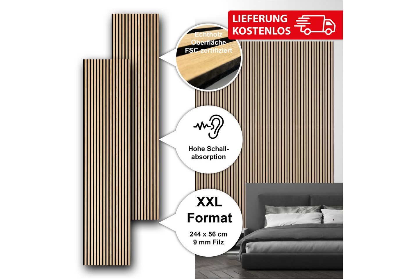 SONIDO Wandpaneel Sparset XXL Premium Akustikpaneele mit Eiche Echtholzoberfläche, BxL: 56,00x244,00 cm, (Sparset mit 2, 3 oder 4 Paneelen, 2-tlg., Versandkostenfreie Lieferung) 15 Leisten mit schwarzem 9 mm Filz-Akustikträger je Paneel