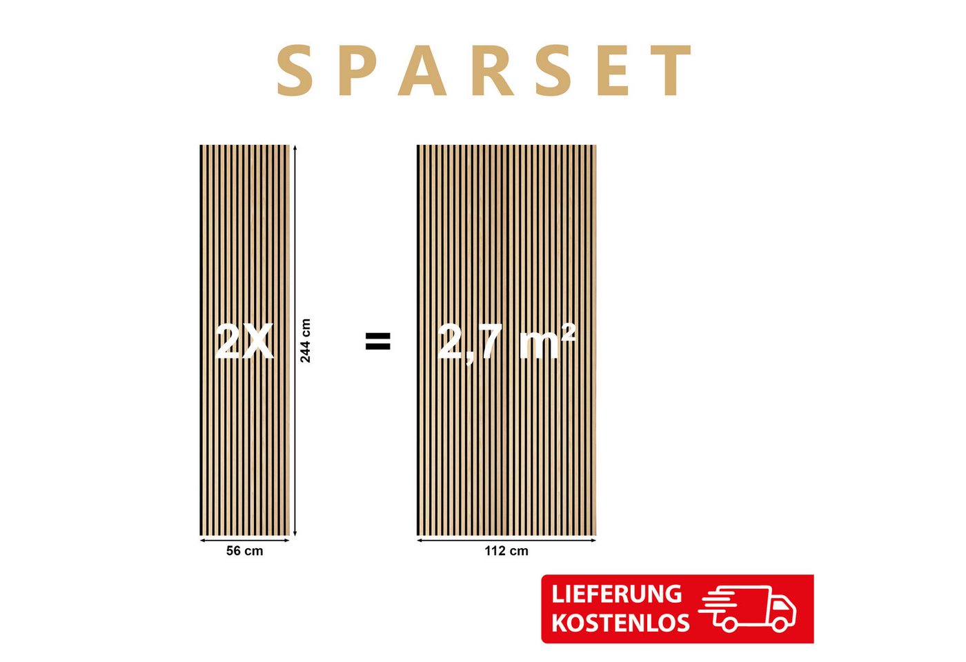 SONIDO Wandpaneel Sparset XXL Premium Akustikpaneele mit Eiche Echtholzoberfläche, BxL: 56,00x244,00 cm, (Sparset mit 2, 3 oder 4 Paneelen, 2-tlg., Versandkostenfreie Lieferung) 15 Leisten mit schwarzem 9 mm Filz-Akustikträger je Paneel Bild 3