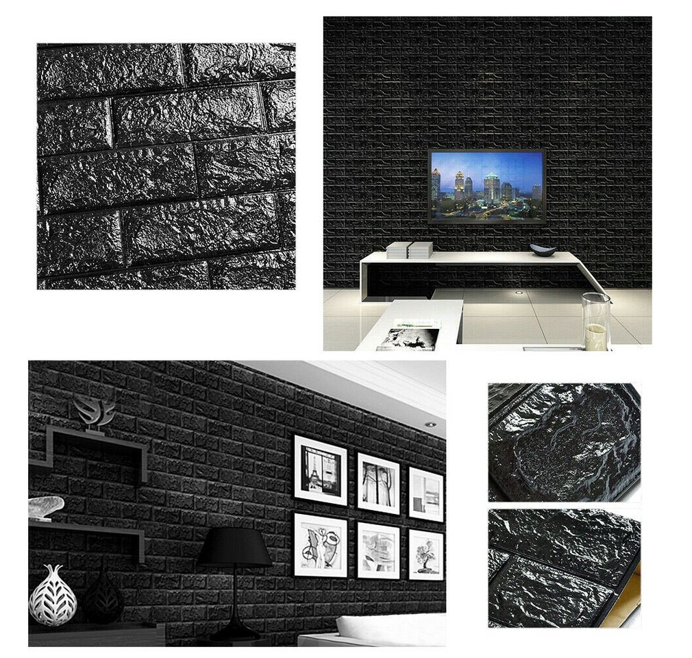 HOOZ Wandpaneel 10x Wandpaneele 3D-Ziegelsteinoptik 77x70x0,5cm selbstklebend schwarz, BxL: 77x70 cm, (10-tlg)