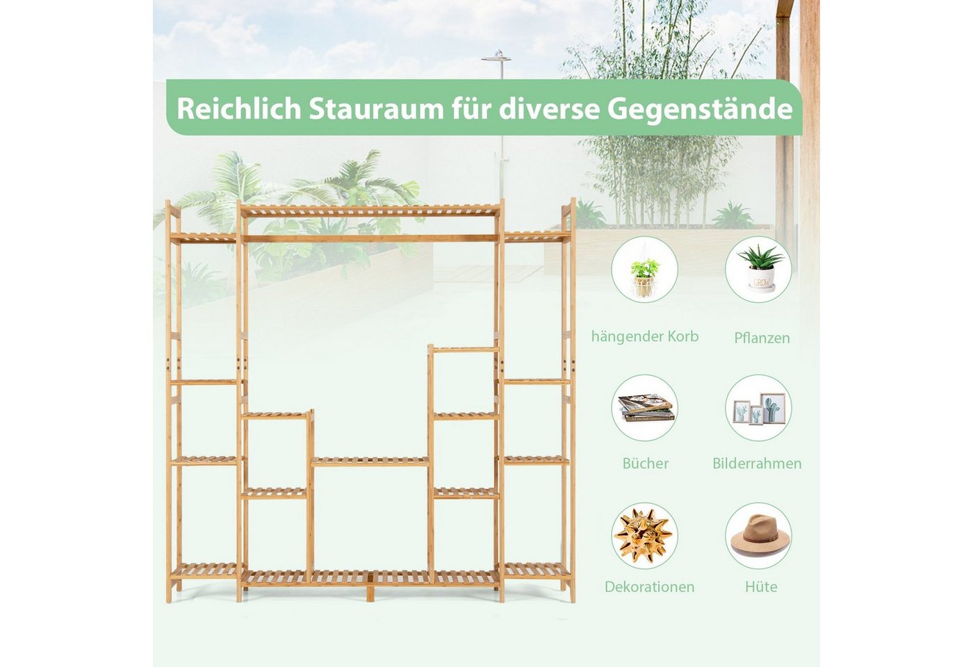 COSTWAY Pflanzentreppe, mit 9 Ebenen & Hängegestell, aus Bambus 167x30x166cm