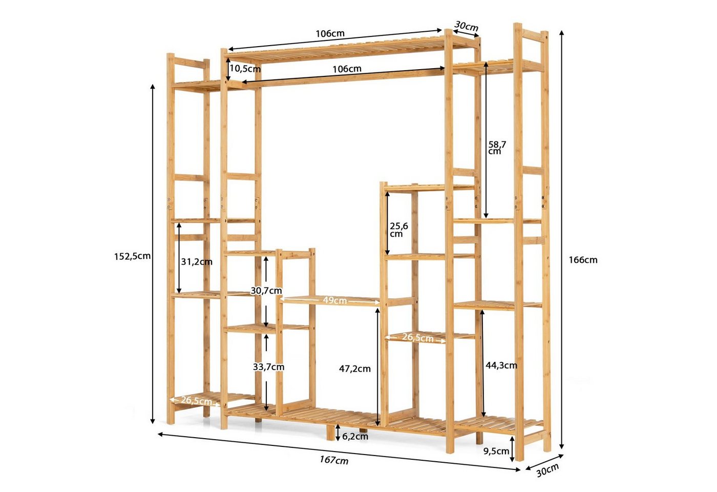 COSTWAY Pflanzentreppe, mit 9 Ebenen & Hängegestell, aus Bambus 167x30x166cm Bild 4