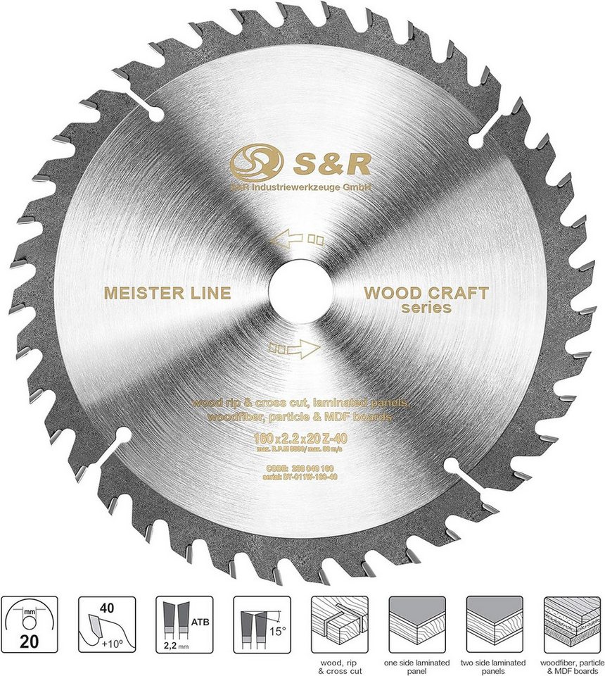 S&R Kreissägeblatt 160mm x 20mm x 2,2mm 40T, Reduzierring 16mm (Einzelsägeblatt, + Reduzierring 16 mm), "Wood Craft" Sägeblatt Holz in Profiqualität Bild 3
