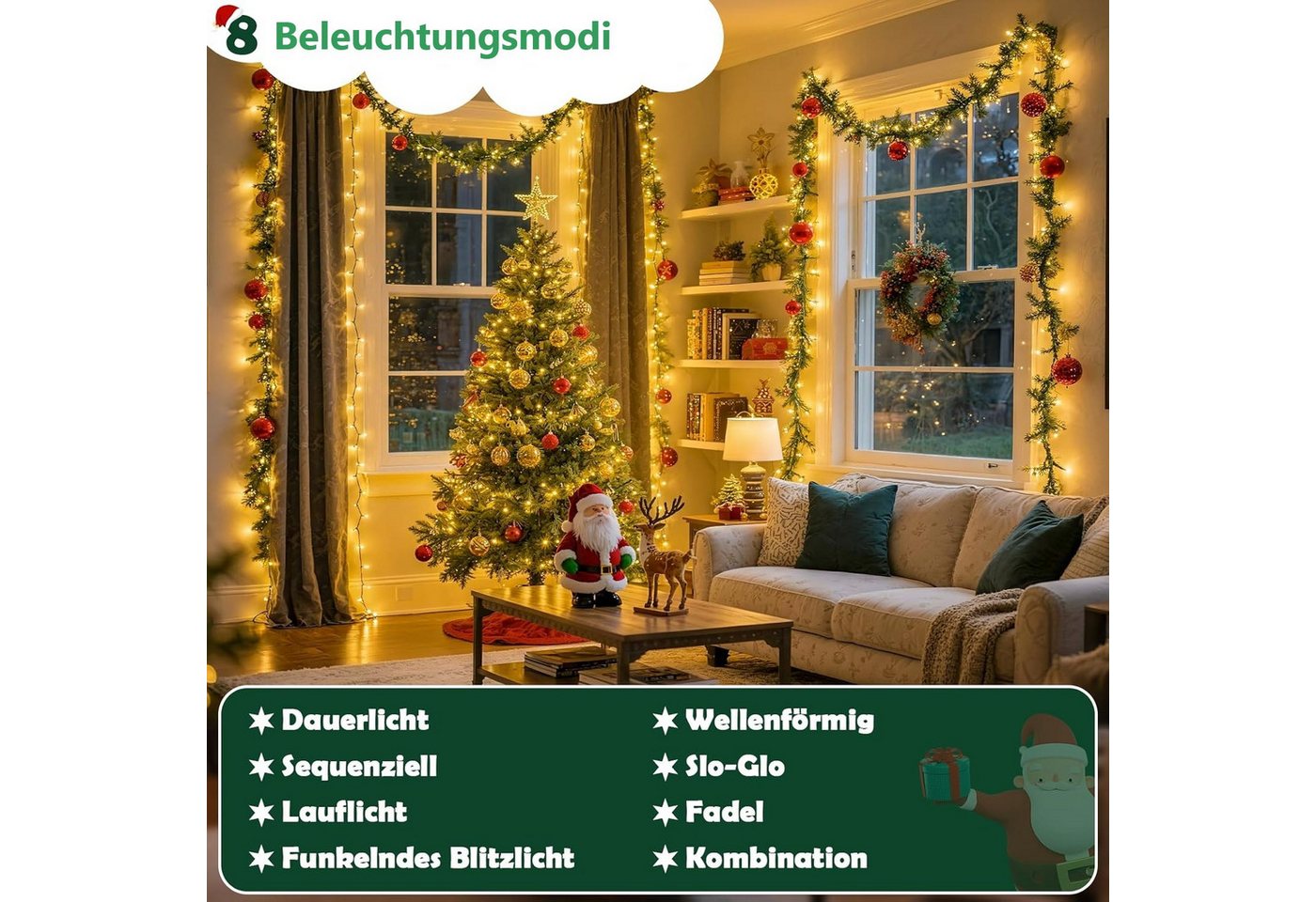 Montegoni LED-Lichterkette 2m 280 LEDs Christbaumbeleuchtung mit Ring, 8 Stränge, 8 Modi, weihnachtsbaumbeleuchtung IP65 Wetterfest, Memory und Timer Funktion Bild 5