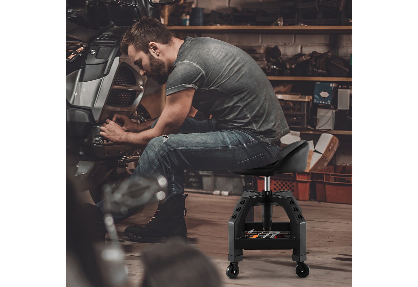 COSTWAY Montagehocker, höhenverstellbar, bis 150 kg, mit Werkzeugablage Bild 5