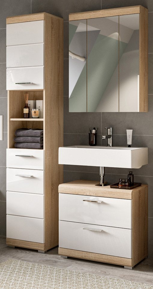 Inn.Furn Badmöbel-Set Mambo, (Badezimmer 3-teilig in Weiß Hochglanz und Eiche, 112 x 191 cm), 15 Fächer und 3 Vollauszug-Schubkästen