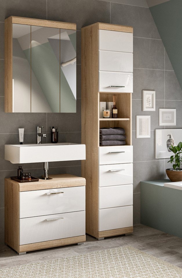 Inn.Furn Badmöbel-Set Mambo, (Badezimmer 3-teilig in Weiß Hochglanz und Eiche, 112 x 191 cm), 15 Fächer und 3 Vollauszug-Schubkästen Bild 3