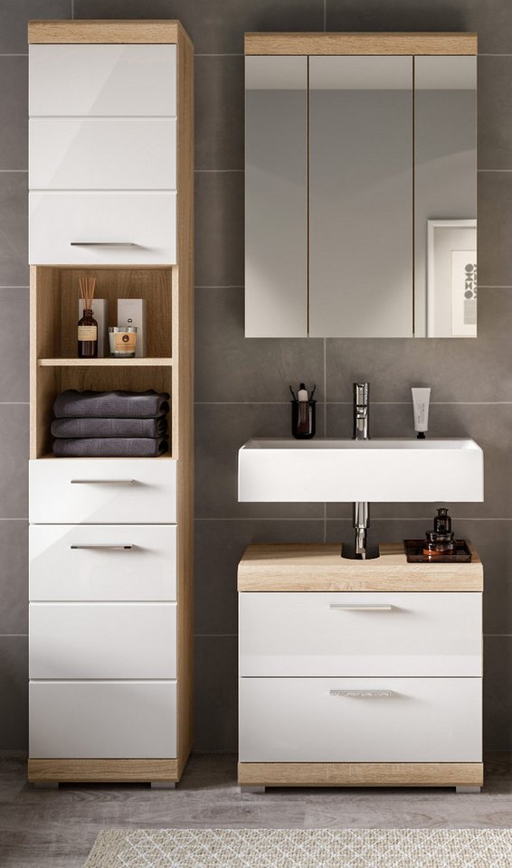 Inn.Furn Badmöbel-Set Mambo, (Badezimmer 3-teilig in Weiß Hochglanz und Eiche, 112 x 191 cm), 15 Fächer und 3 Vollauszug-Schubkästen Bild 4