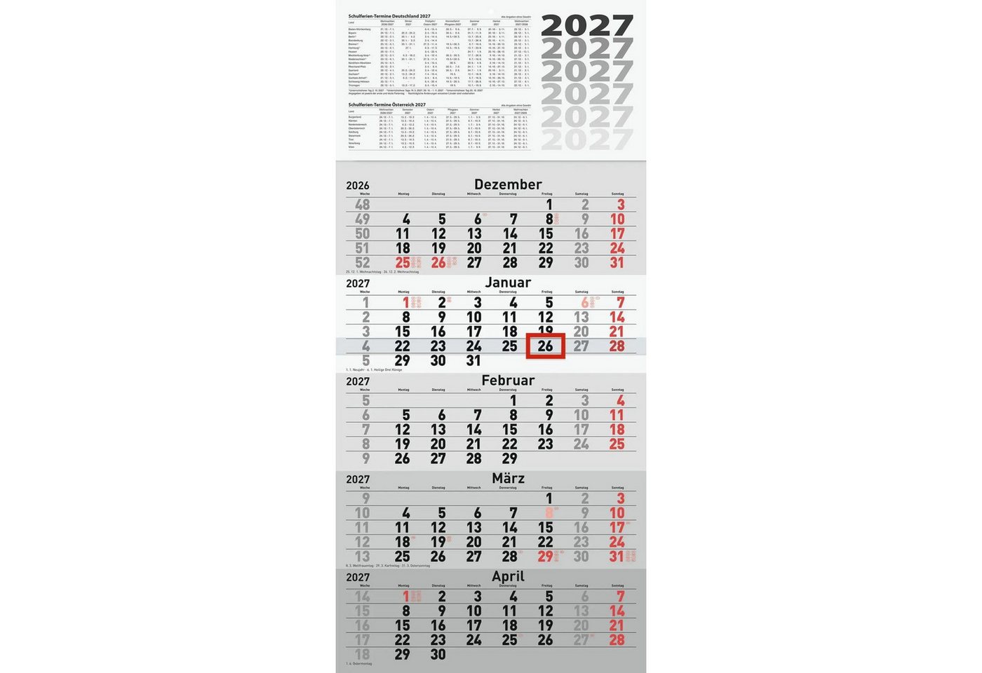 Baier & Schneider Monatskalender rido/idé 7033520007 5-Monatskalender 2027 grau, 300×630 mm